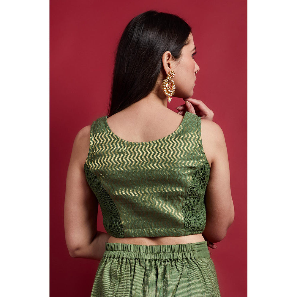 Vinusto Olive Green Chanderi Handloom Zari Crop Top with Palazzo (Set of 2)