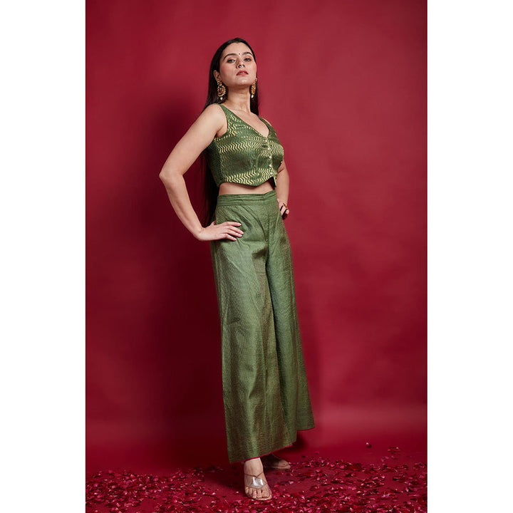 Vinusto Olive Green Chanderi Handloom Zari Crop Top with Palazzo (Set of 2)