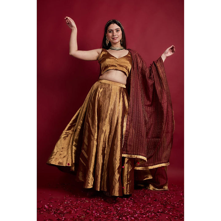 Vinusto Gold Solid Lehenga with V-Neck Blouse (Set of 2)