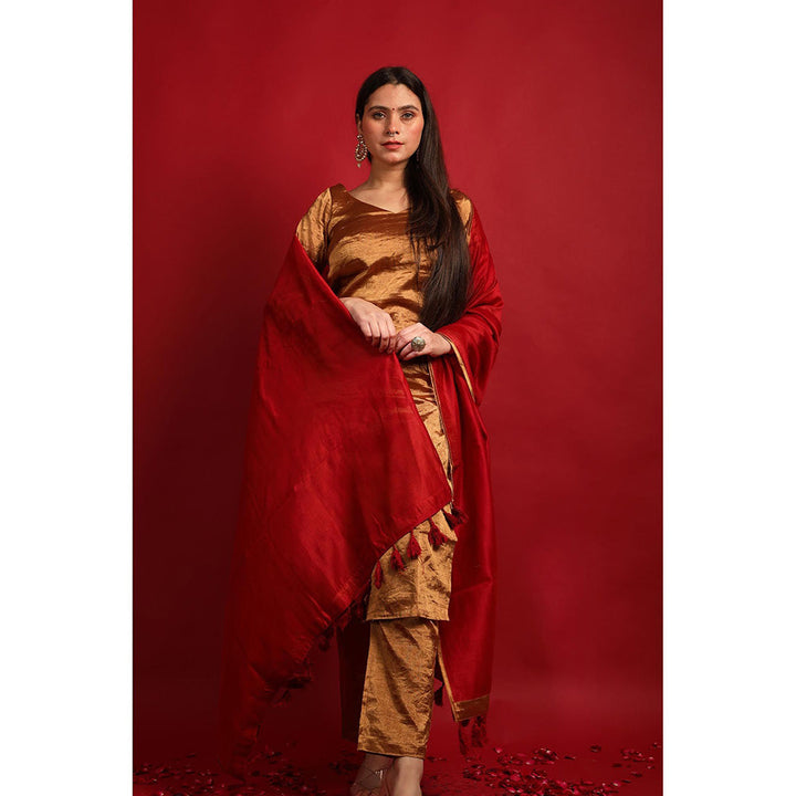 Vinusto Gold Zari Solid Kurta with Pant and Handloom Red Dupatta (Set of 3)