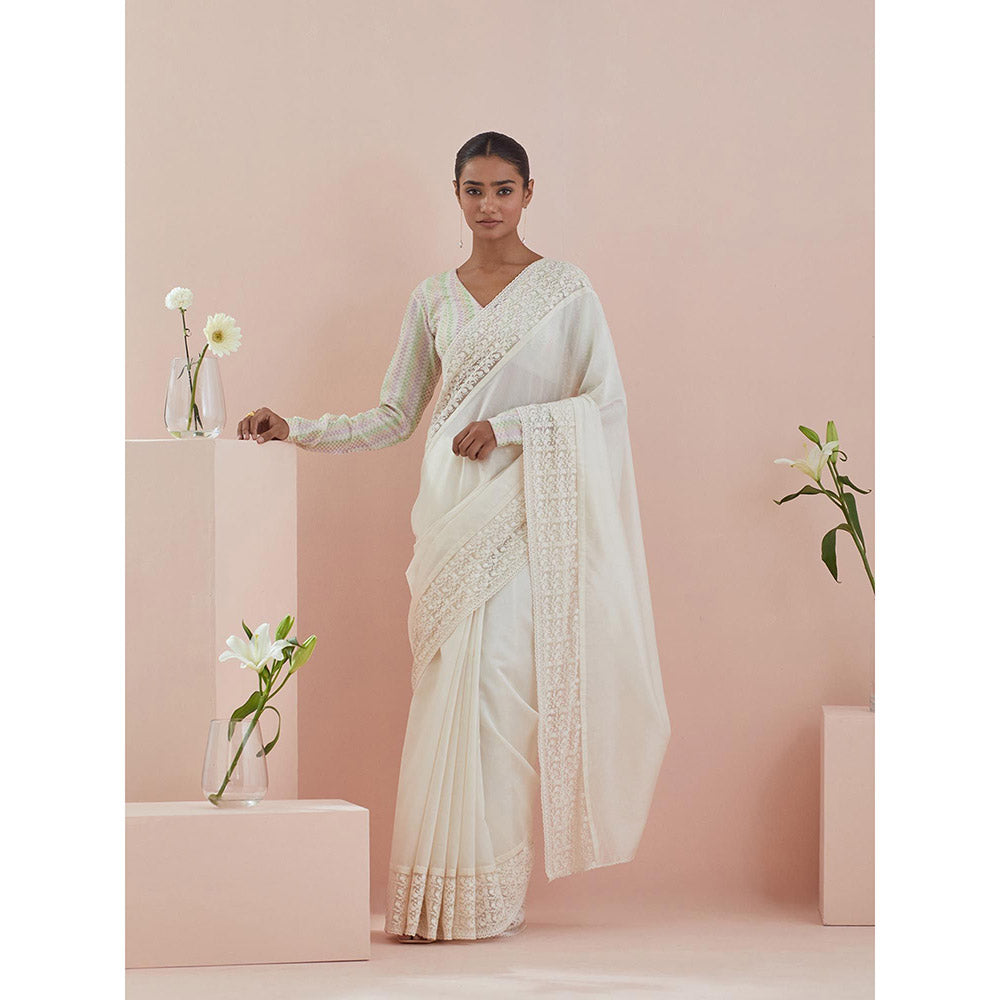 Vinusto White Chanderi Textured Cotton Saree with Stitched Blouse