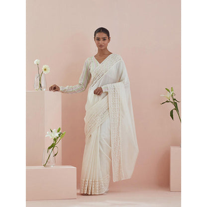 Vinusto White Chanderi Textured Cotton Saree with Stitched Blouse