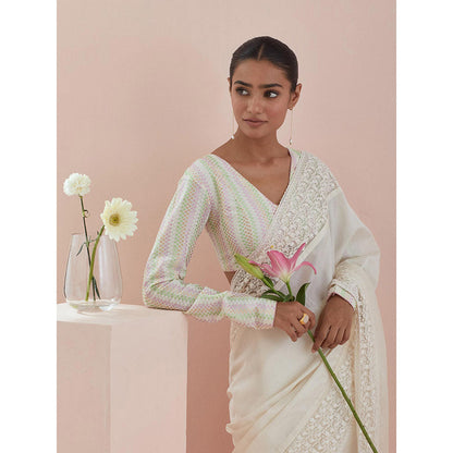 Vinusto White Chanderi Textured Cotton Saree with Stitched Blouse