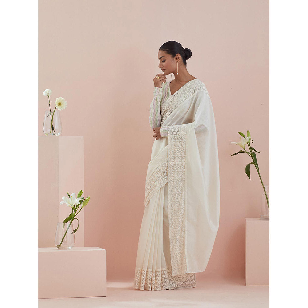 Vinusto White Chanderi Textured Cotton Saree with Stitched Blouse