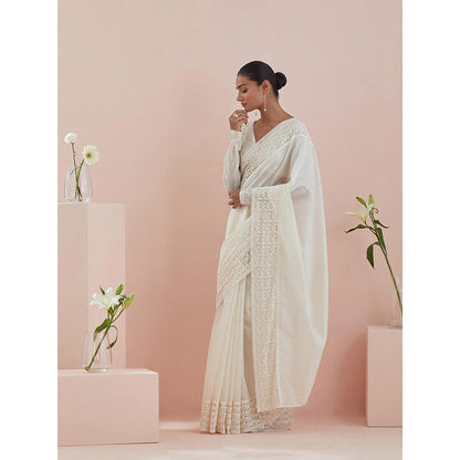 Vinusto White Chanderi Textured Cotton Saree with Stitched Blouse