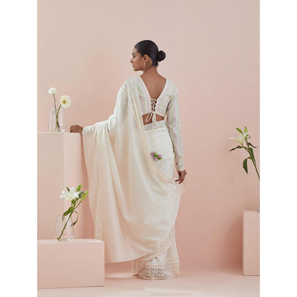 Vinusto White Chanderi Textured Cotton Saree with Stitched Blouse