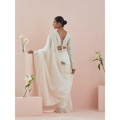 Vinusto White Chanderi Textured Cotton Saree with Stitched Blouse