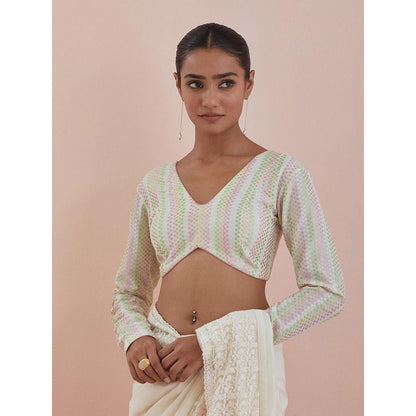 Vinusto White Chanderi Textured Cotton Saree with Stitched Blouse