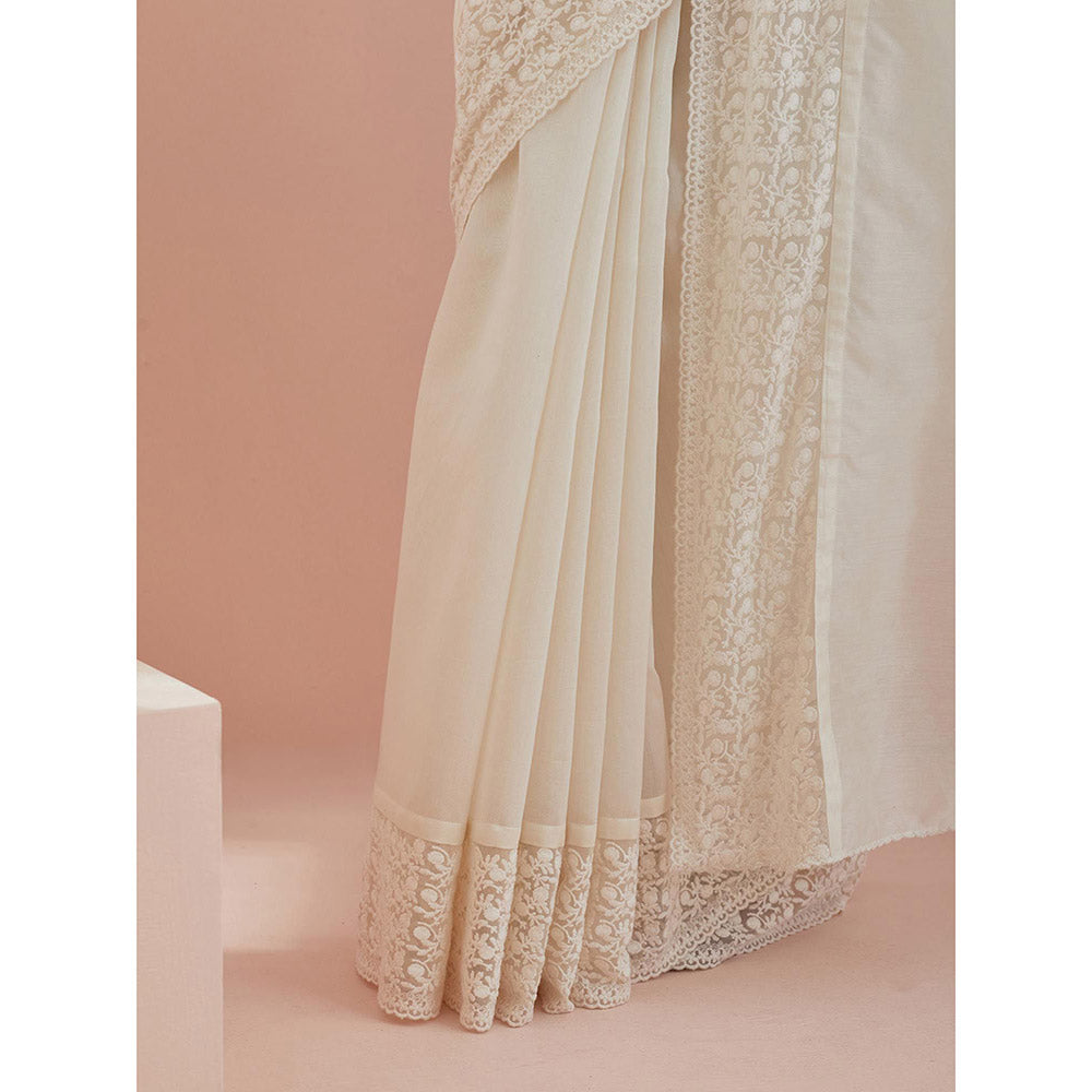 Vinusto White Chanderi Textured Cotton Saree with Stitched Blouse