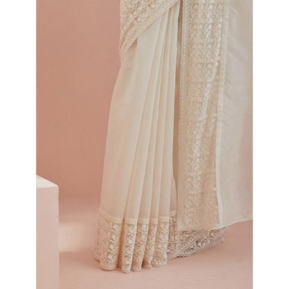 Vinusto White Chanderi Textured Cotton Saree with Stitched Blouse