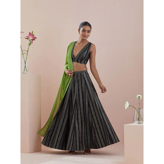 Vinusto Black Textured Cotton Lehenga with Blouse and Dupatta (Set of 3)