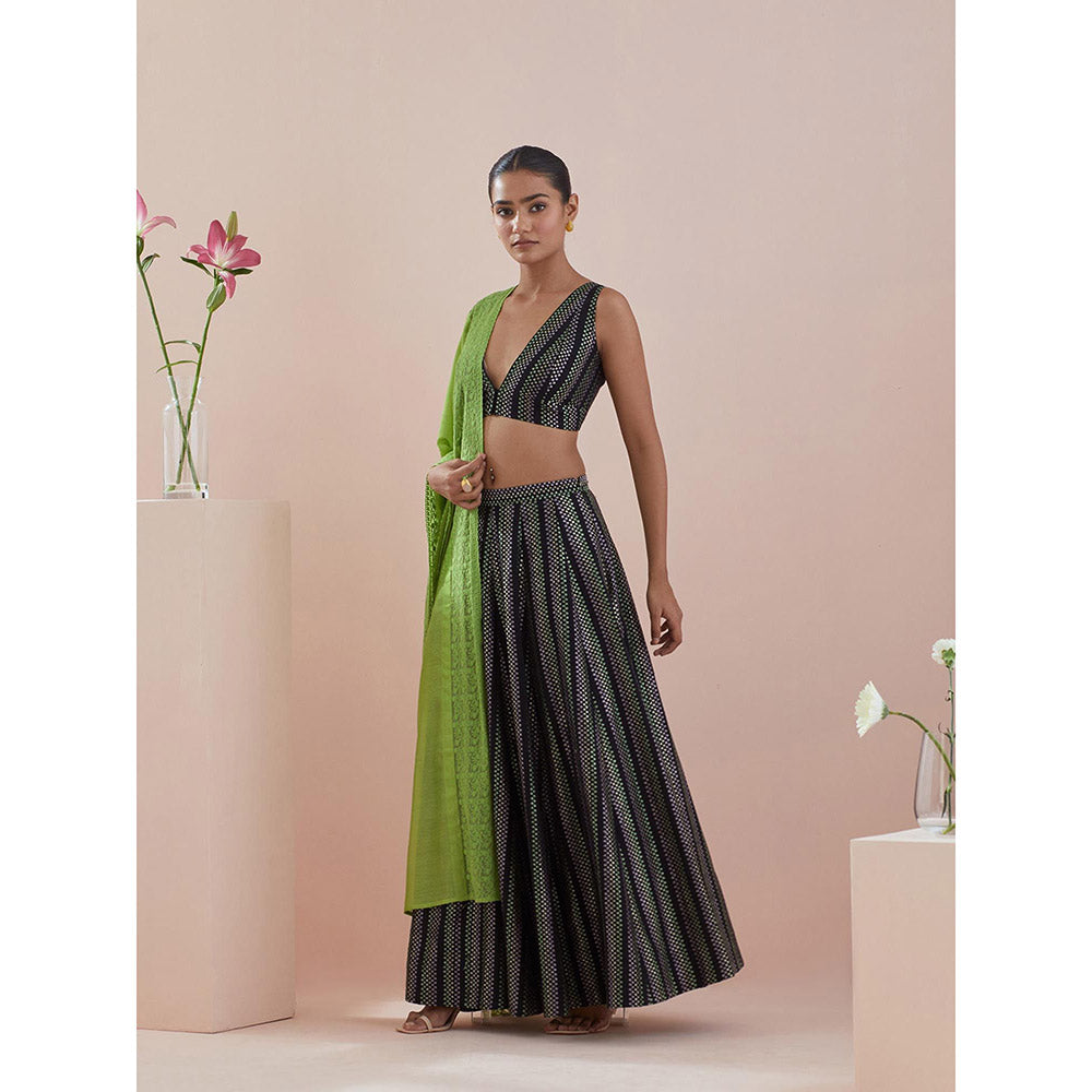 Vinusto Black Textured Cotton Lehenga with Blouse and Dupatta (Set of 3)