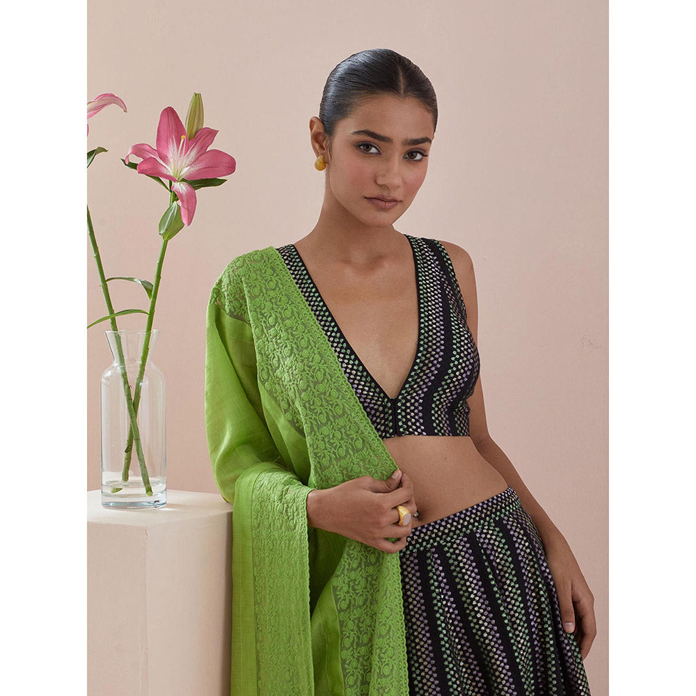 Vinusto Black Textured Cotton Lehenga with Blouse and Dupatta (Set of 3)