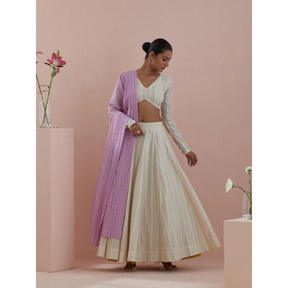 Vinusto Off White Textured Cotton Lehenga with Blouse and Dupatta (Set of 3)