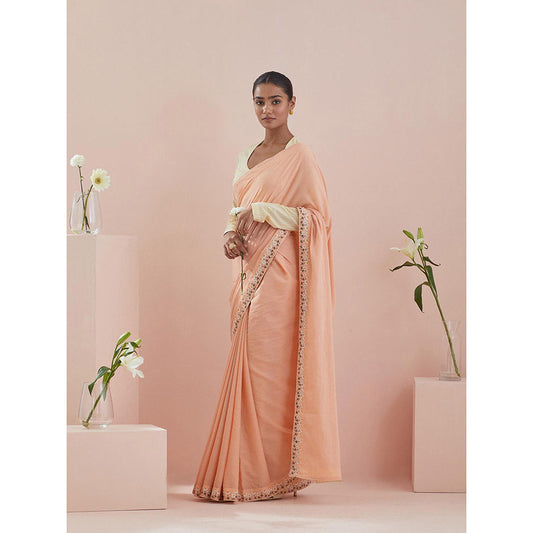 Vinusto Peach Cotton Embroidered Saree with Stitched Blouse