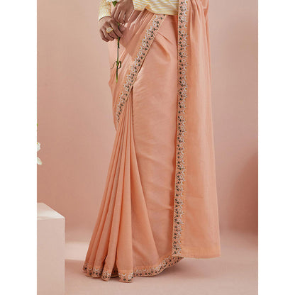 Vinusto Peach Cotton Embroidered Saree with Stitched Blouse