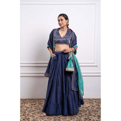 Vinusto Chanderi Embroidered Striped Blouse with Lehenga and Dupatta (Set of 3)