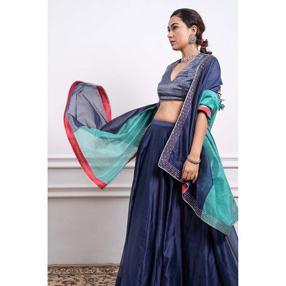 Vinusto Chanderi Embroidered Striped Blouse with Lehenga and Dupatta (Set of 3)