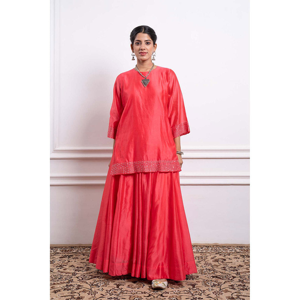 Vinusto Chanderi Handloom Pink Skirt with Short Kurta (Set of 2)