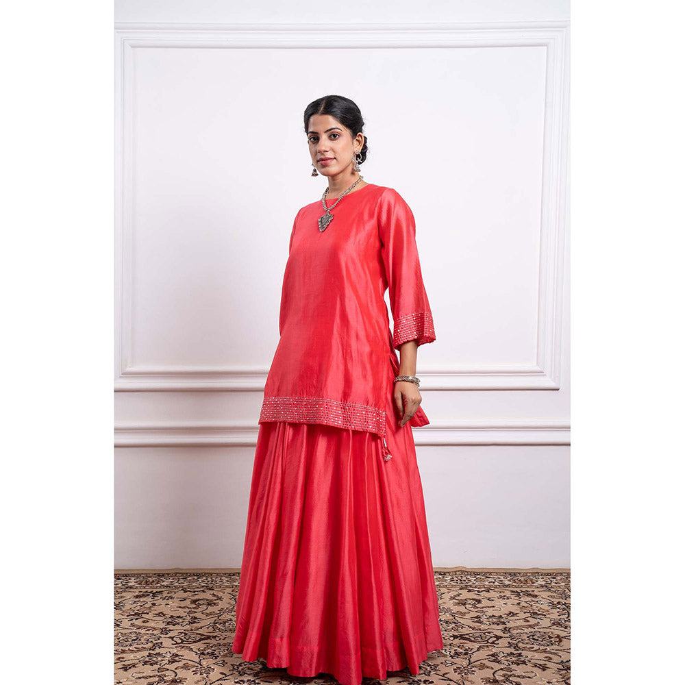 Vinusto Chanderi Handloom Pink Skirt with Short Kurta (Set of 2)