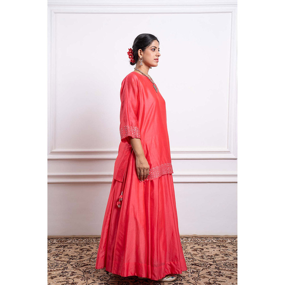 Vinusto Chanderi Handloom Pink Skirt with Short Kurta (Set of 2)