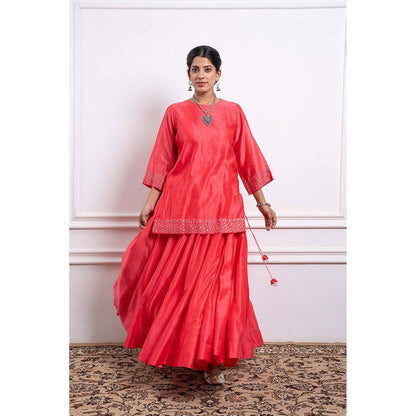 Vinusto Chanderi Handloom Pink Skirt with Short Kurta (Set of 2)