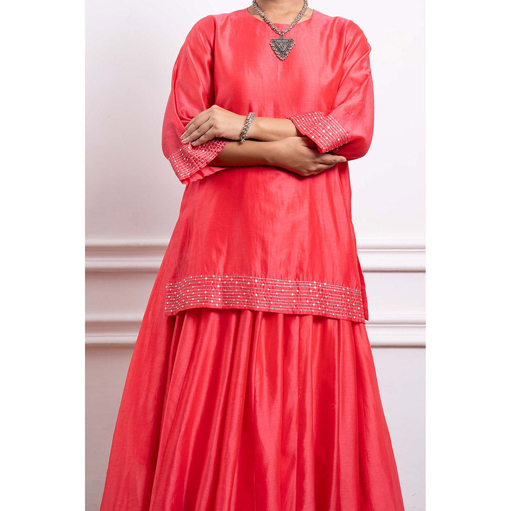 Vinusto Chanderi Handloom Pink Skirt with Short Kurta (Set of 2)