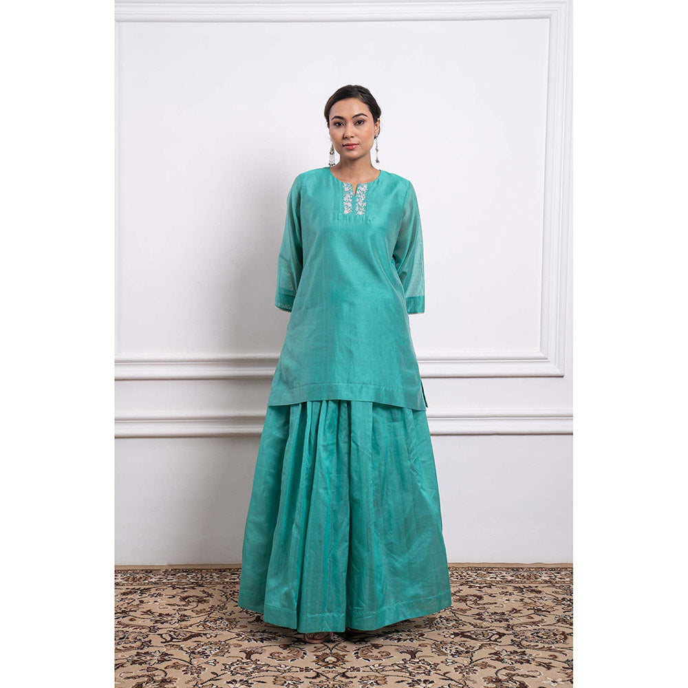 Vinusto Chanderi Handloom Blue Skirt with Short Kurta (Set of 2)