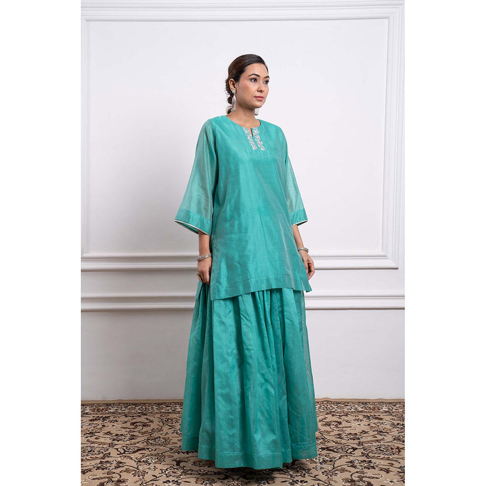 Vinusto Chanderi Handloom Blue Skirt with Short Kurta (Set of 2)