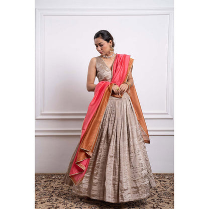 Vinusto Chanderi Embroidered Zari Blouse with Lehenga and Dupatta (Set of 3)