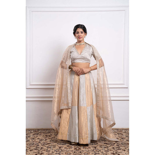 Vinusto Chanderi Embroidered Tissue Zari Blouse with Lehenga and Dupatta (Set of 3)