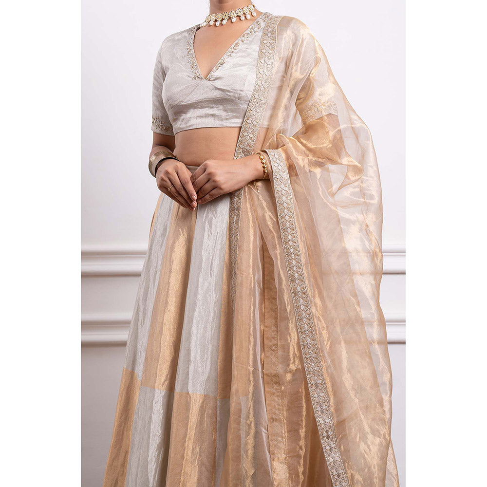 Vinusto Chanderi Embroidered Tissue Zari Blouse with Lehenga and Dupatta (Set of 3)