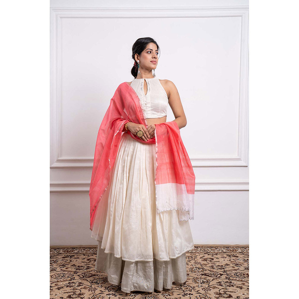 Vinusto Chanderi Embroidered Striped Blouse with Lehenga and Dupatta (Set of 3)