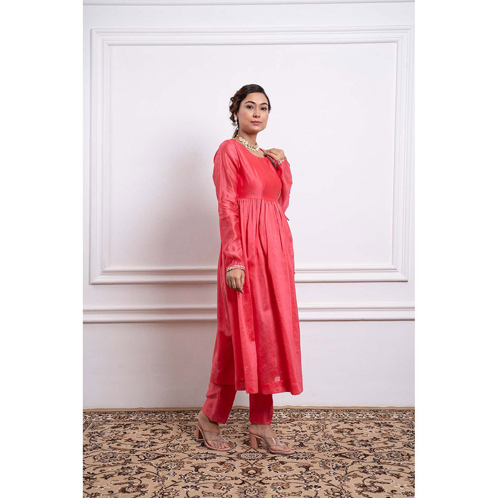 Vinusto Chanderi Handloom Embroidered Anarkali and Pant (Set of 2)