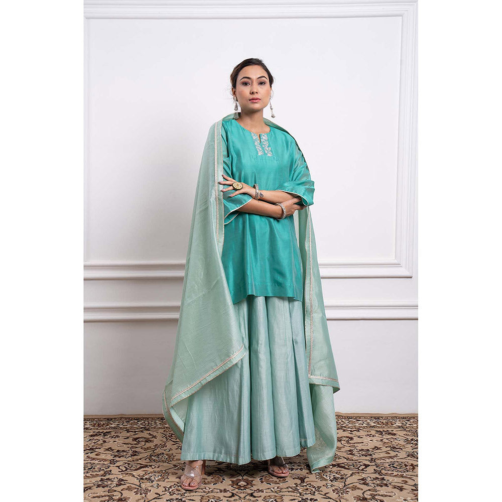 Vinusto Chanderi Embroidered Flared Palazzo with Kurta and Dupatta (Set of 3)