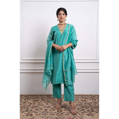 Vinusto Chanderi Handloom Embroidered Straight Kurta with Pant and Dupatta (Set of 3)