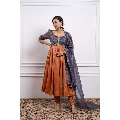 Vinusto Chanderi Embroidered Stripes Anarkali and Churidar (Set of 3)