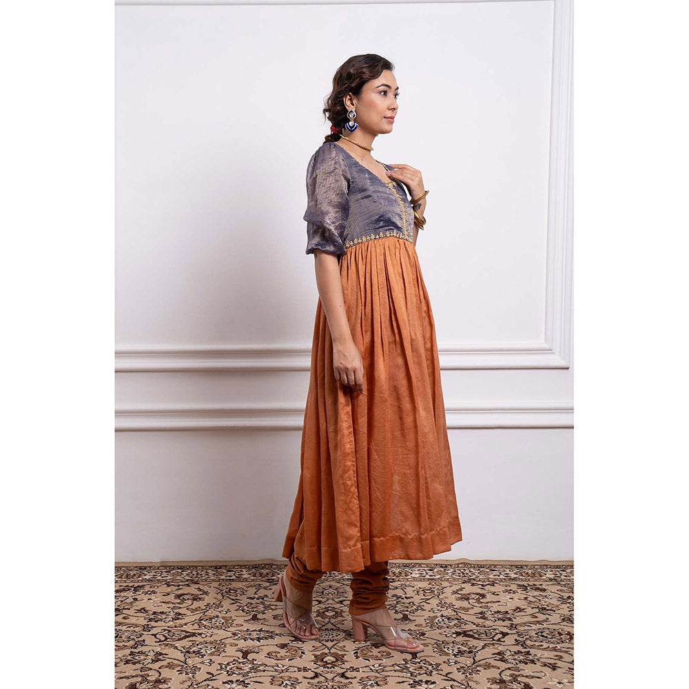 Vinusto Chanderi Embroidered Stripes Anarkali with Churidar and Dupatta (Set of 2)