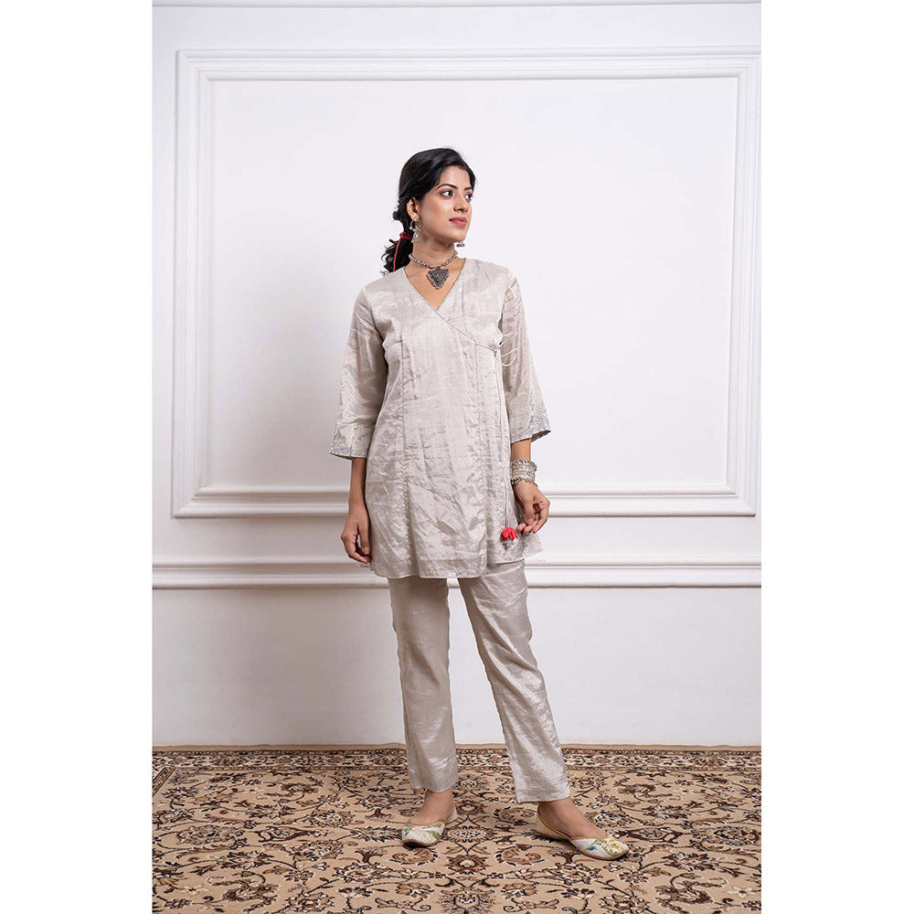 Vinusto Embroidered Zari Silk Wrap Kurta with Pant (Set of 2)