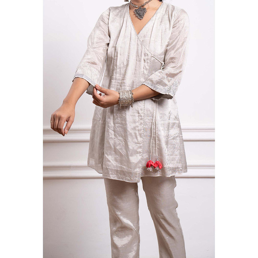 Vinusto Embroidered Zari Silk Wrap Kurta with Pant (Set of 2)