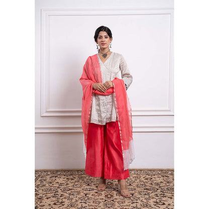 Vinusto Chanderi Embroidered Zari Wrap Kurti with Palazzo and Dupatta (Set of 3)