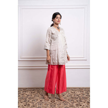 Vinusto Chanderi Embroidered Zari Wrap Kurti with Palazzo and Dupatta (Set of 3)