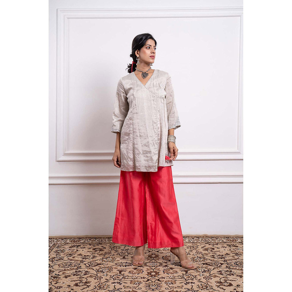 Vinusto Chanderi Embroidered Zari Wrap Kurti with Palazzo and Dupatta (Set of 3)