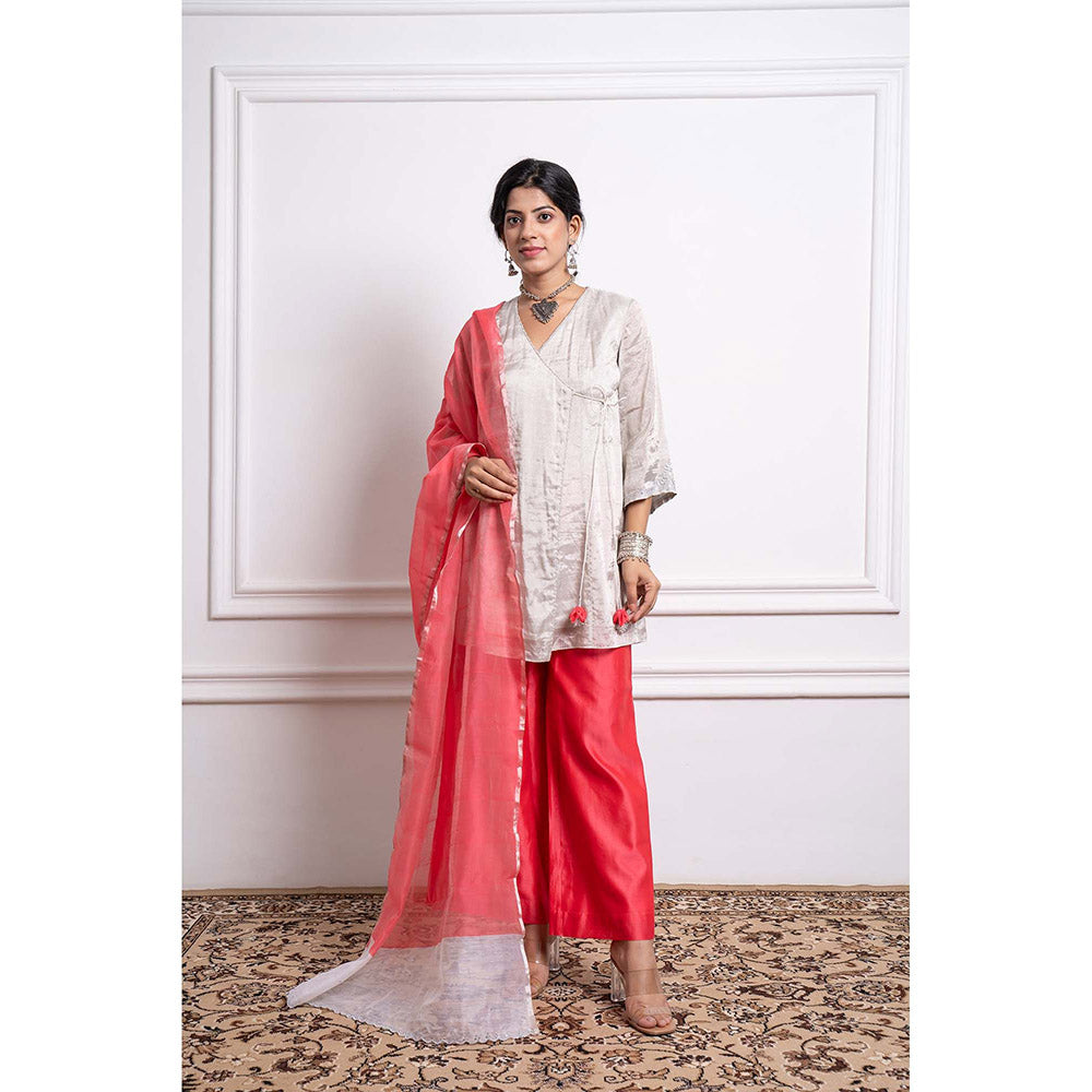 Vinusto Chanderi Embroidered Zari Wrap Kurti with Palazzo and Dupatta (Set of 3)
