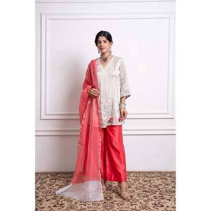 Vinusto Chanderi Embroidered Zari Wrap Kurti with Palazzo and Dupatta (Set of 3)