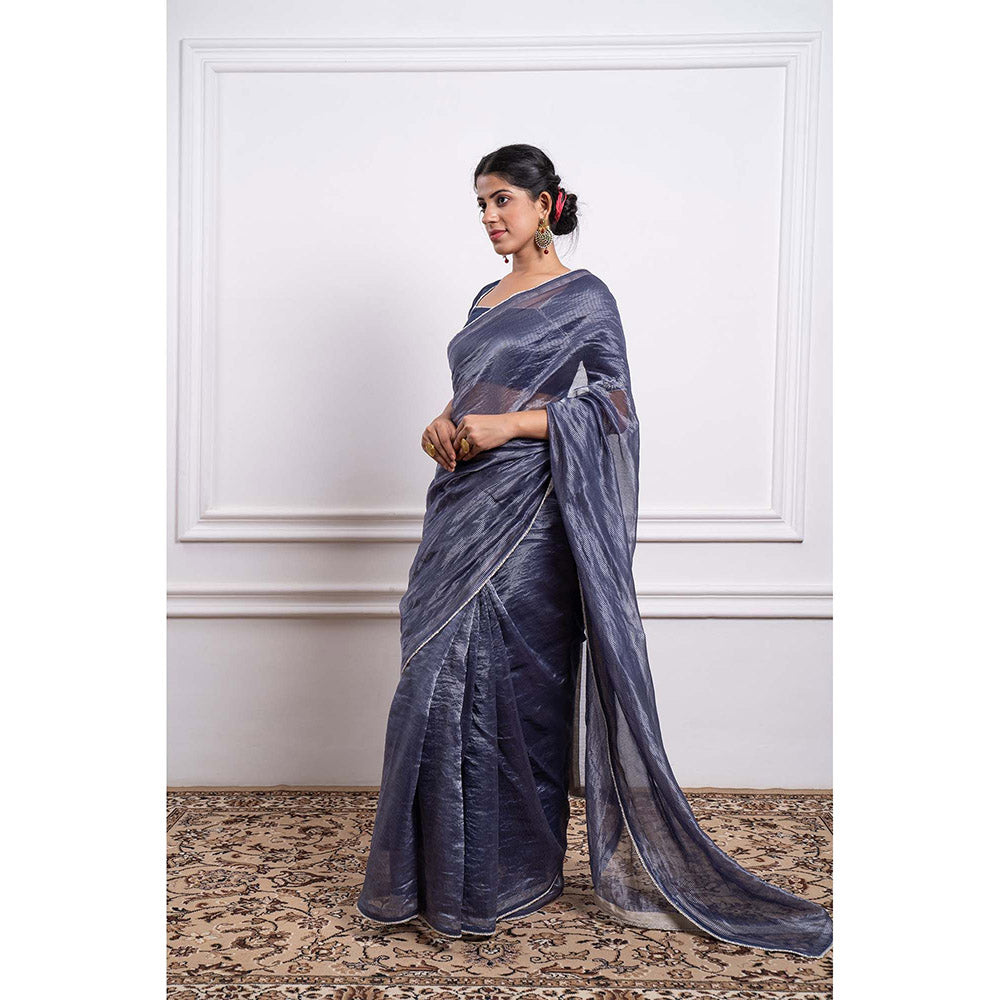 Vinusto Chanderi Striped Pearl Lace Details Saree and Stitched Blouse