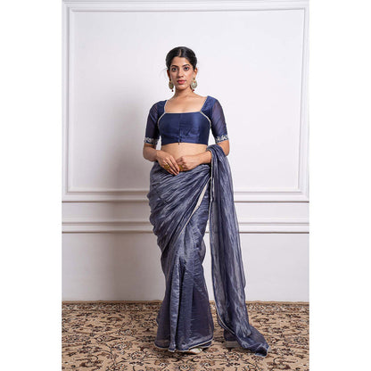 Vinusto Chanderi Striped Pearl Lace Details Saree and Stitched Blouse