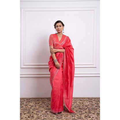 Vinusto Chanderi Zari Embroidered Saree with Stitched Blouse