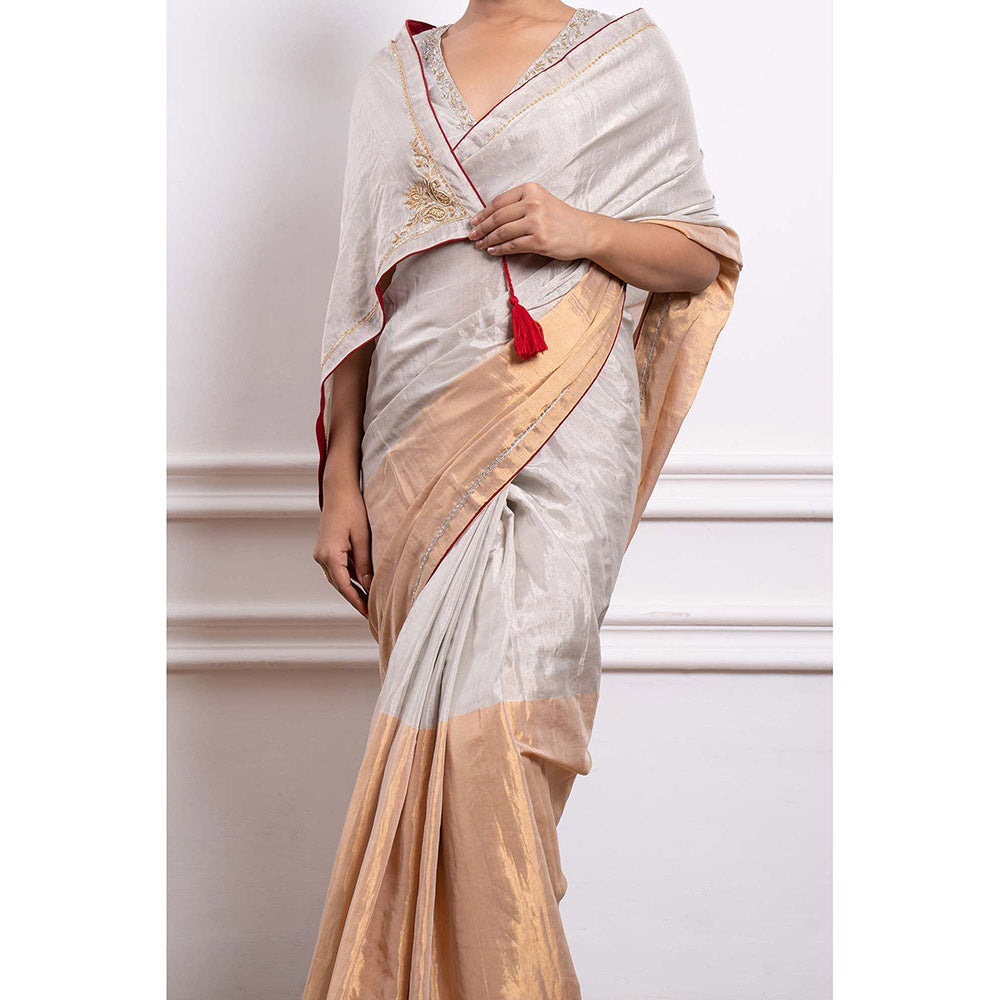 Vinusto Zari Silk Embroidered Saree and Stitched Blouse