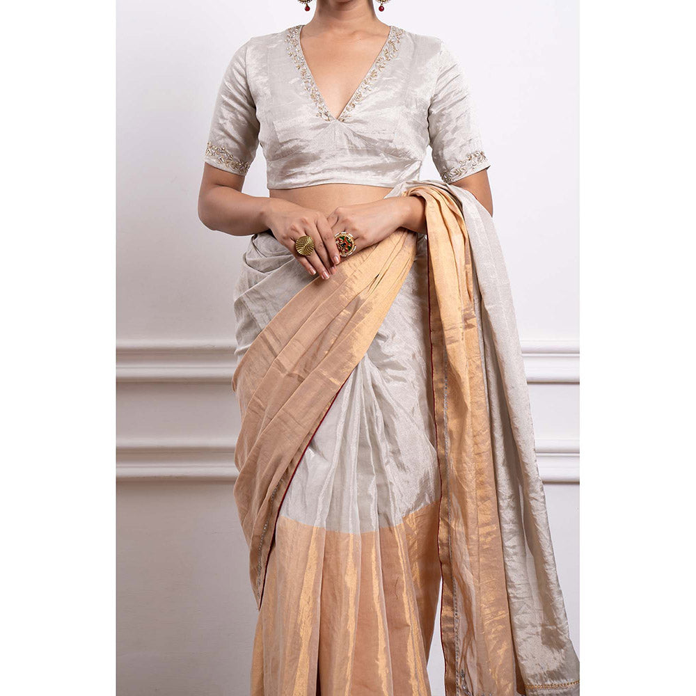 Vinusto Zari Silk Embroidered Saree and Stitched Blouse
